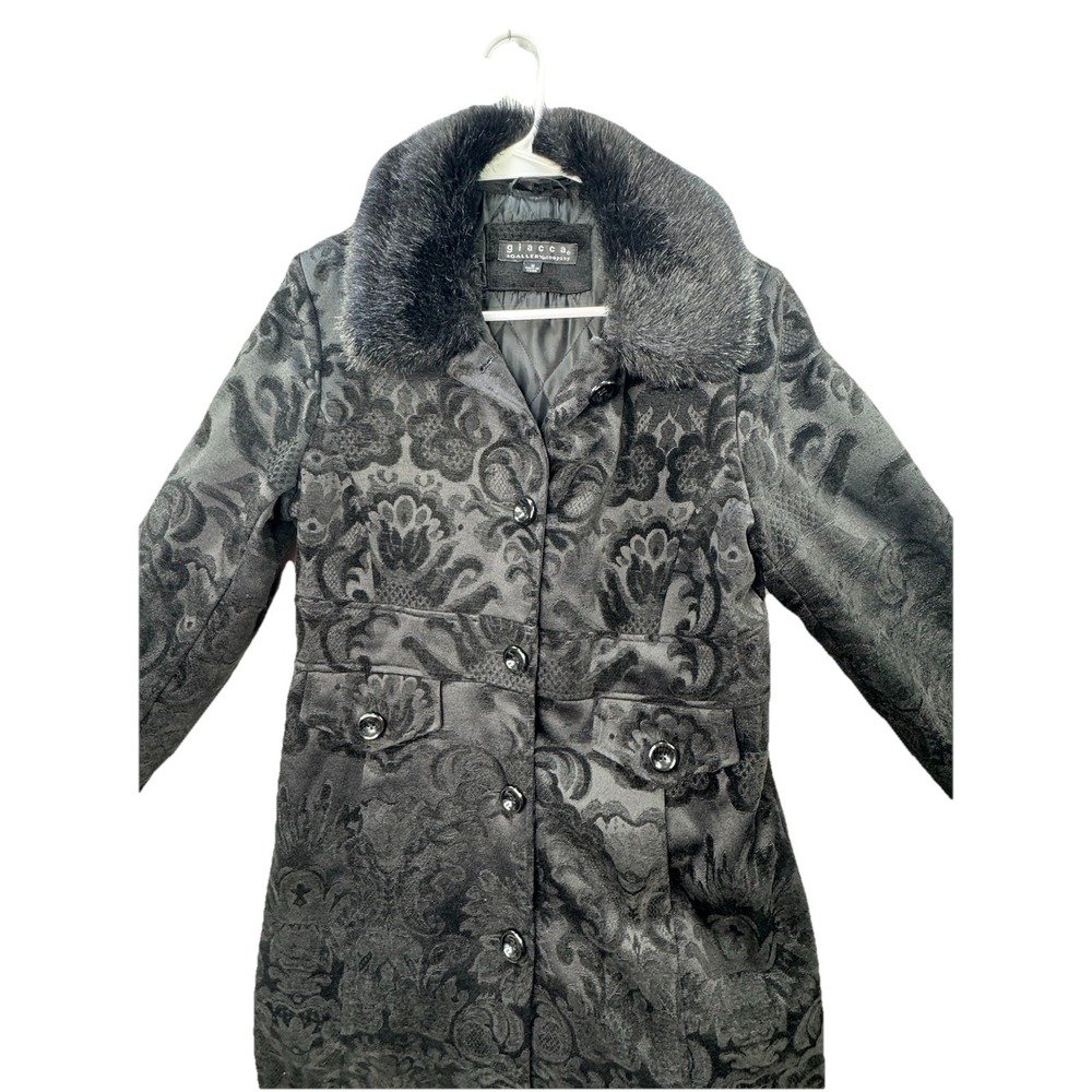 Vintage Giacca Button Down Coat Womens Medium Faux Fur Trim Gothic Chic Mob Wife